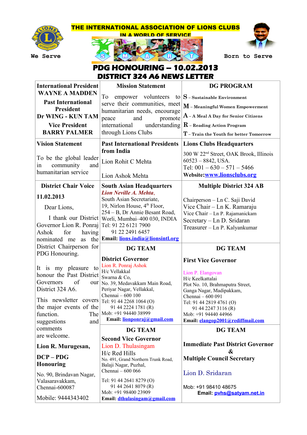 Lions District 324 honouring document featuring Lion R. Murugesan — page 1